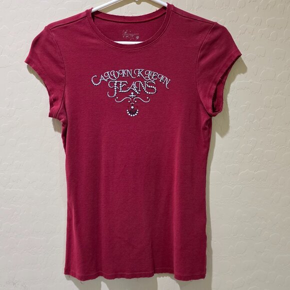 Vintage Calvin Klein Jeans Maroon Red Short Sleeve Women's Teen LG T-Shirt Top - Picture 1 of 11